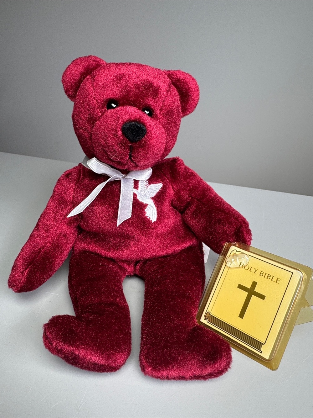 1999 Holy Bears Burgundy Grace plush with Bible card Sacrament Series 8.5”